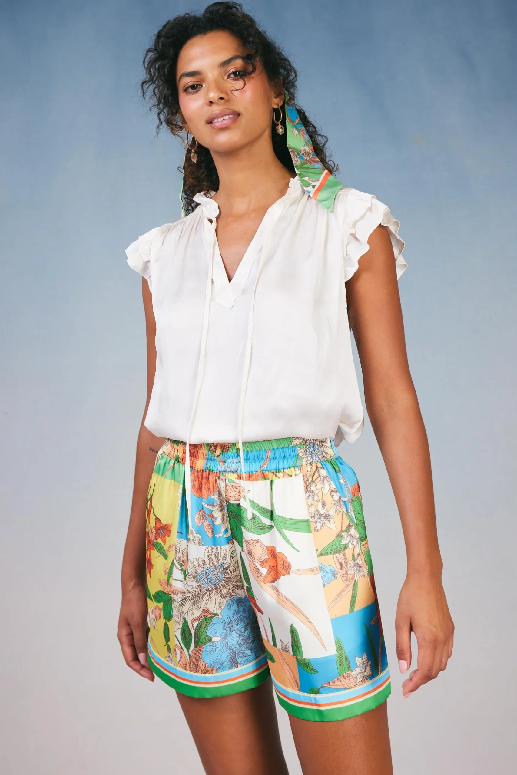 Shorts-Current Air Border Print Floral Block Shorts FLORALSTRIPEMLT