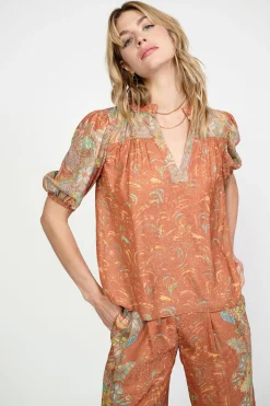 Short Sleeve Tops-Current Air Border Print Retro Floral Blouse BROWNMLT