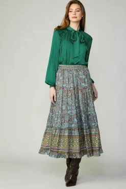 Skirts-Current Air Border Printed Floral Skirt TEALBROWN