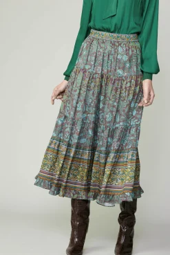 Skirts-Current Air Border Printed Floral Skirt TEALBROWN