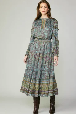 Skirts-Current Air Border Printed Floral Skirt TEALBROWN