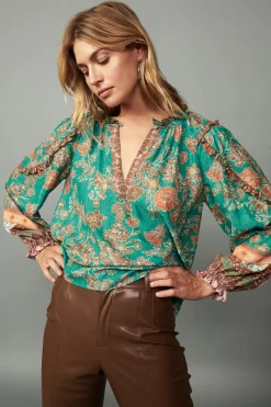 Long Sleeve Tops-Current Air Border Ruffled Floral Blouse GREENMLT