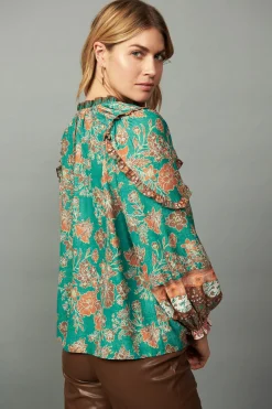 Long Sleeve Tops-Current Air Border Ruffled Floral Blouse GREENMLT