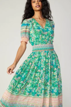 Midi Dresses-Current Air Bordered Floral Print Midi Dress GREENMULTI