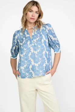 Short Sleeve Tops-Current Air Botanical Jacquard Blouse DENIMBLUE