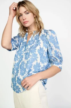Short Sleeve Tops-Current Air Botanical Jacquard Blouse DENIMBLUE