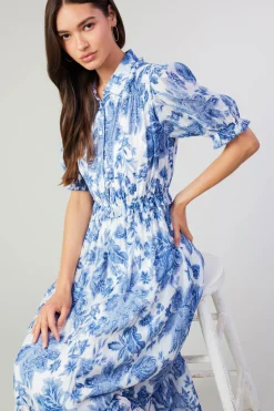 Midi Dresses-Current Air Botanical Jacquard Midi Dress BLUEFLORAL