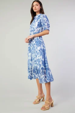 Midi Dresses-Current Air Botanical Jacquard Midi Dress BLUEFLORAL