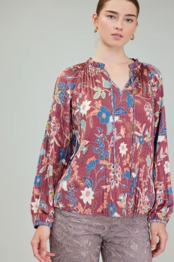 Long Sleeve Tops-Current Air Botanical Pleated Blouse CHESTNUTMLT