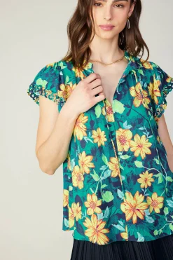 Sleeveless Tops-Current Air Botanical Print Eyelet Blouse YELLOWFLORALMLT