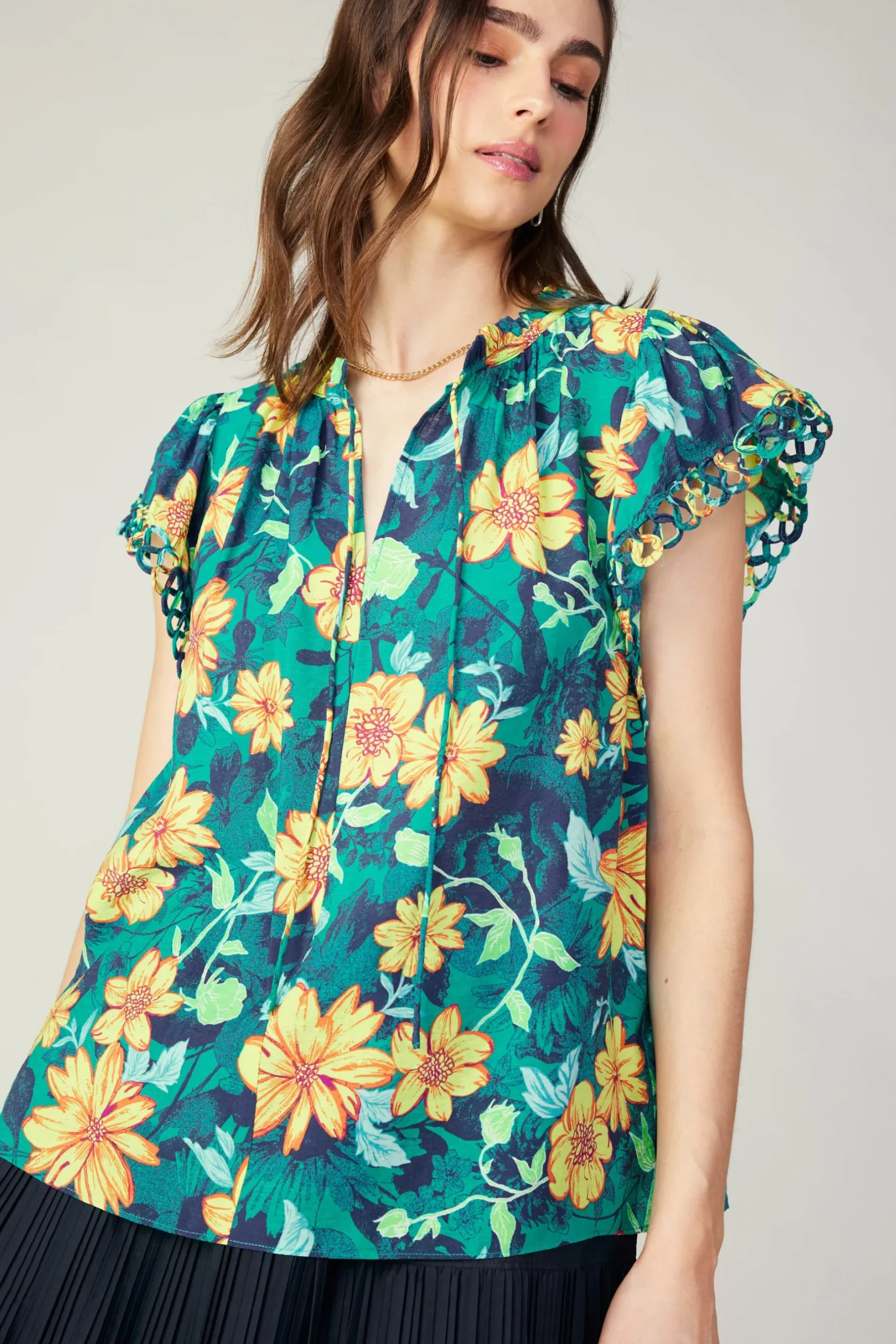 Sleeveless Tops-Current Air Botanical Print Eyelet Blouse YELLOWFLORALMLT