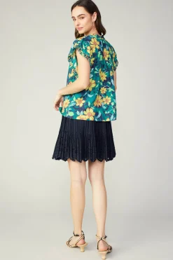 Sleeveless Tops-Current Air Botanical Print Eyelet Blouse YELLOWFLORALMLT