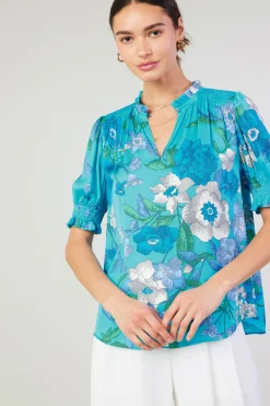 Short Sleeve Tops-Current Air Botanical Smocked Shoulder Blouse BLUE