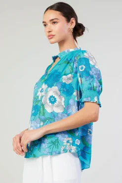 Short Sleeve Tops-Current Air Botanical Smocked Shoulder Blouse BLUE