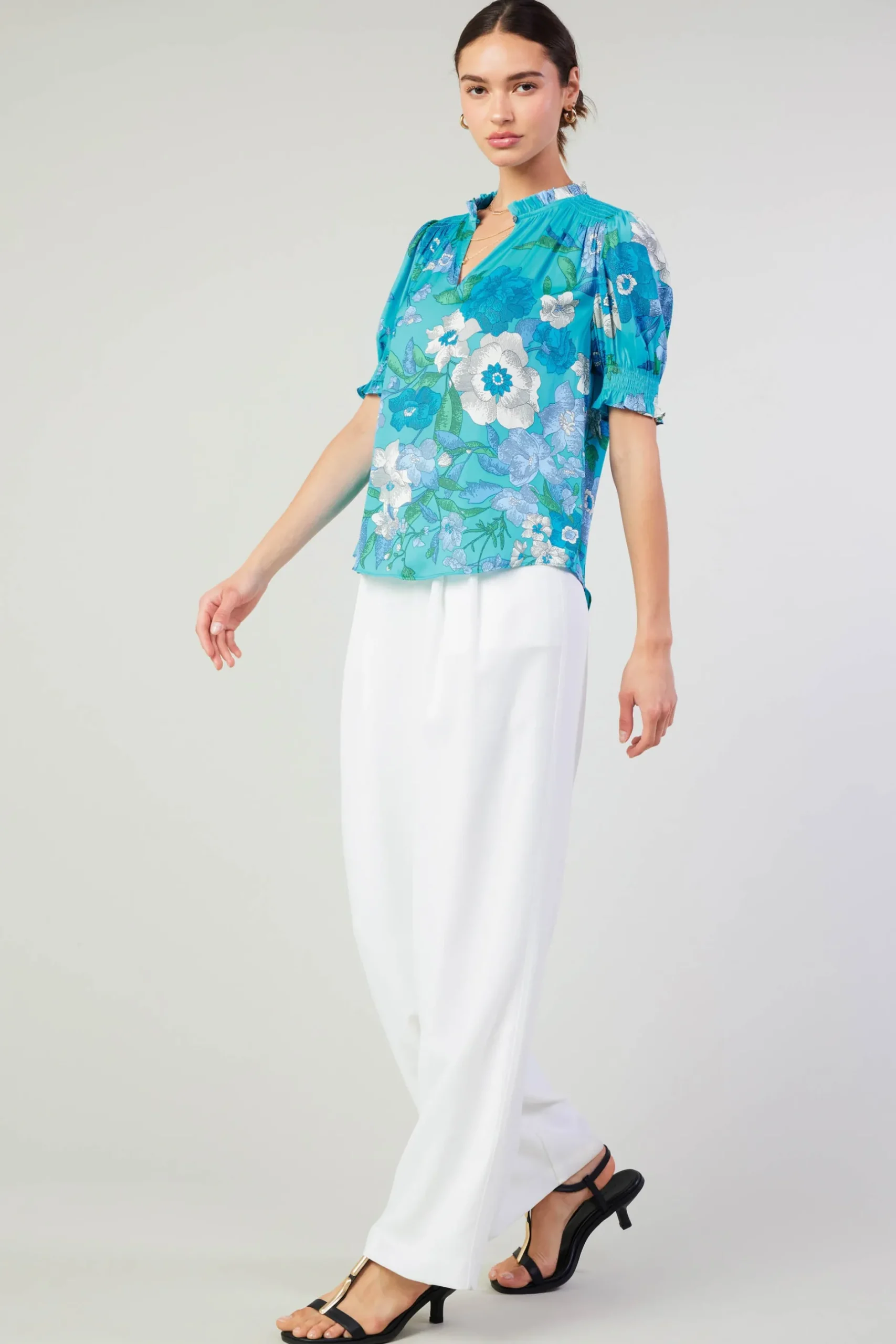 Short Sleeve Tops-Current Air Botanical Smocked Shoulder Blouse BLUE