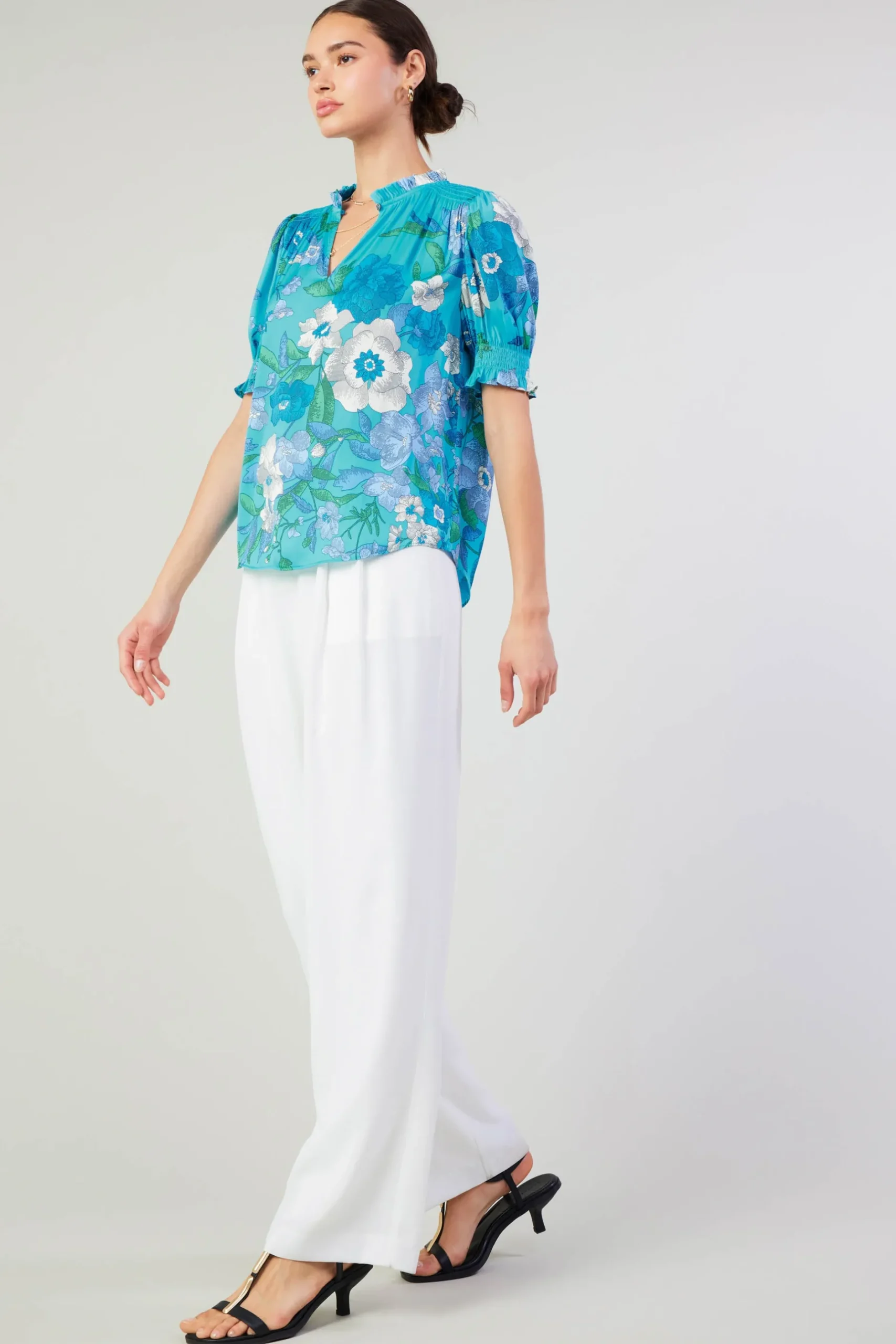 Short Sleeve Tops-Current Air Botanical Smocked Shoulder Blouse BLUE