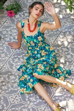 Midi Dresses-Current Air Botanical Tiered Ruffle Dress YELLOWFLORALMLT