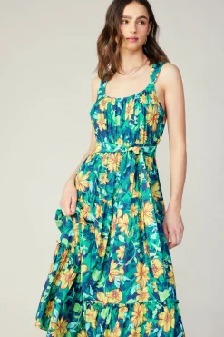 Midi Dresses-Current Air Botanical Tiered Ruffle Dress YELLOWFLORALMLT