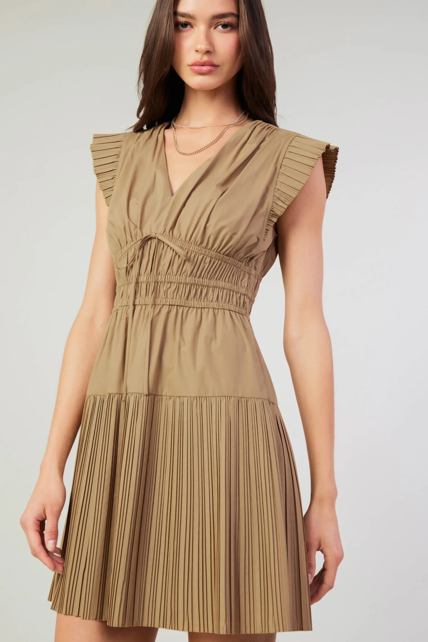 Mini Dresses-Current Air Briene Pleated Mini Dress LATTE