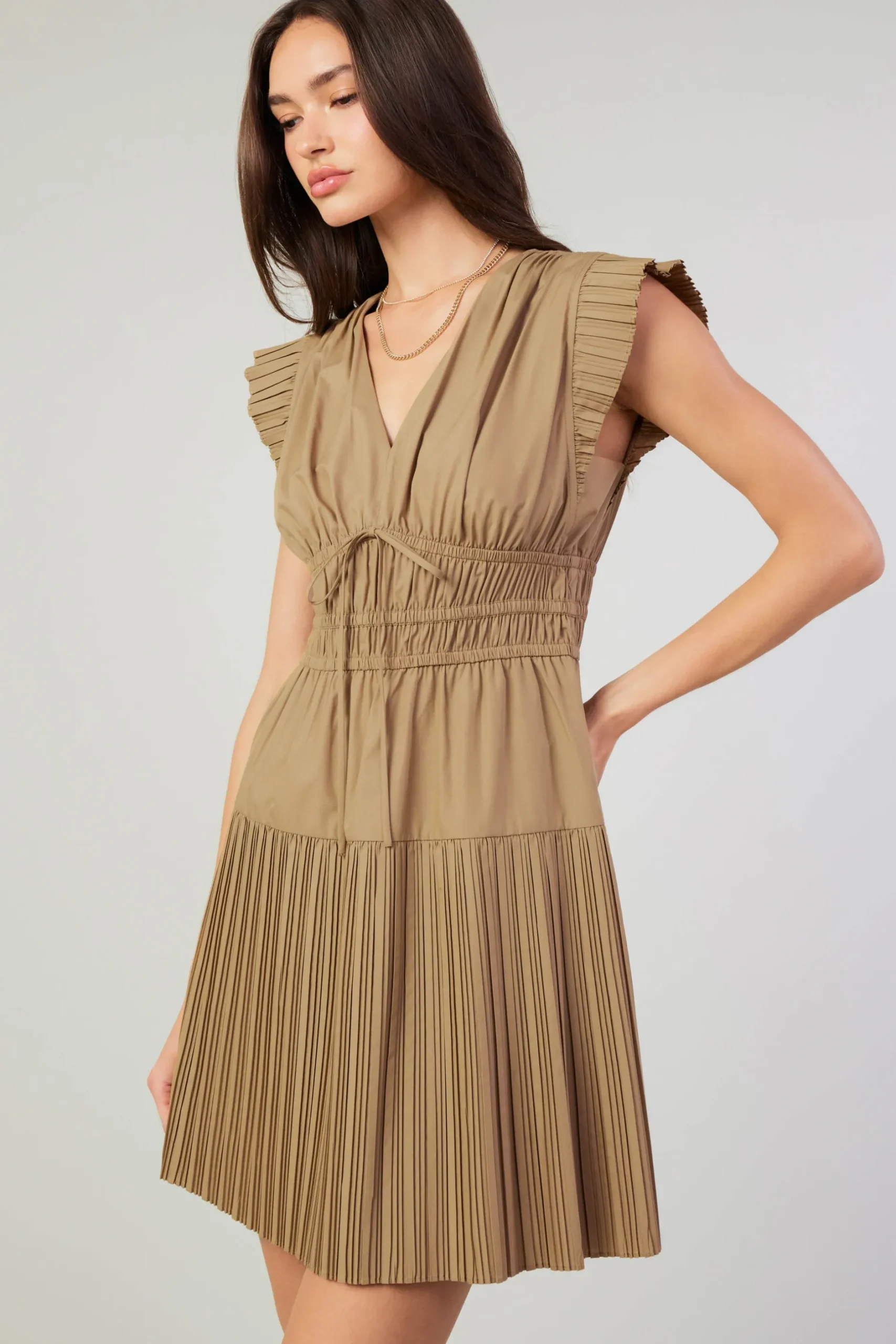Mini Dresses-Current Air Briene Pleated Mini Dress LATTE