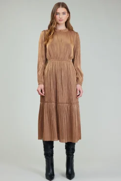 Midi Dresses-Current Air Bristol Pleated Midi Dress BRONZE