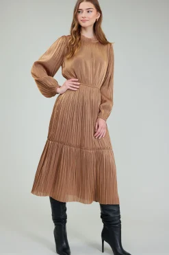 Midi Dresses-Current Air Bristol Pleated Midi Dress BRONZE