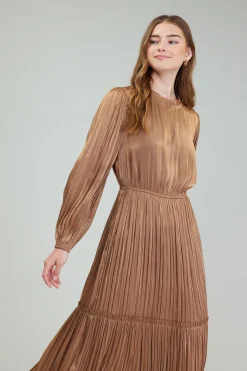 Midi Dresses-Current Air Bristol Pleated Midi Dress BRONZE