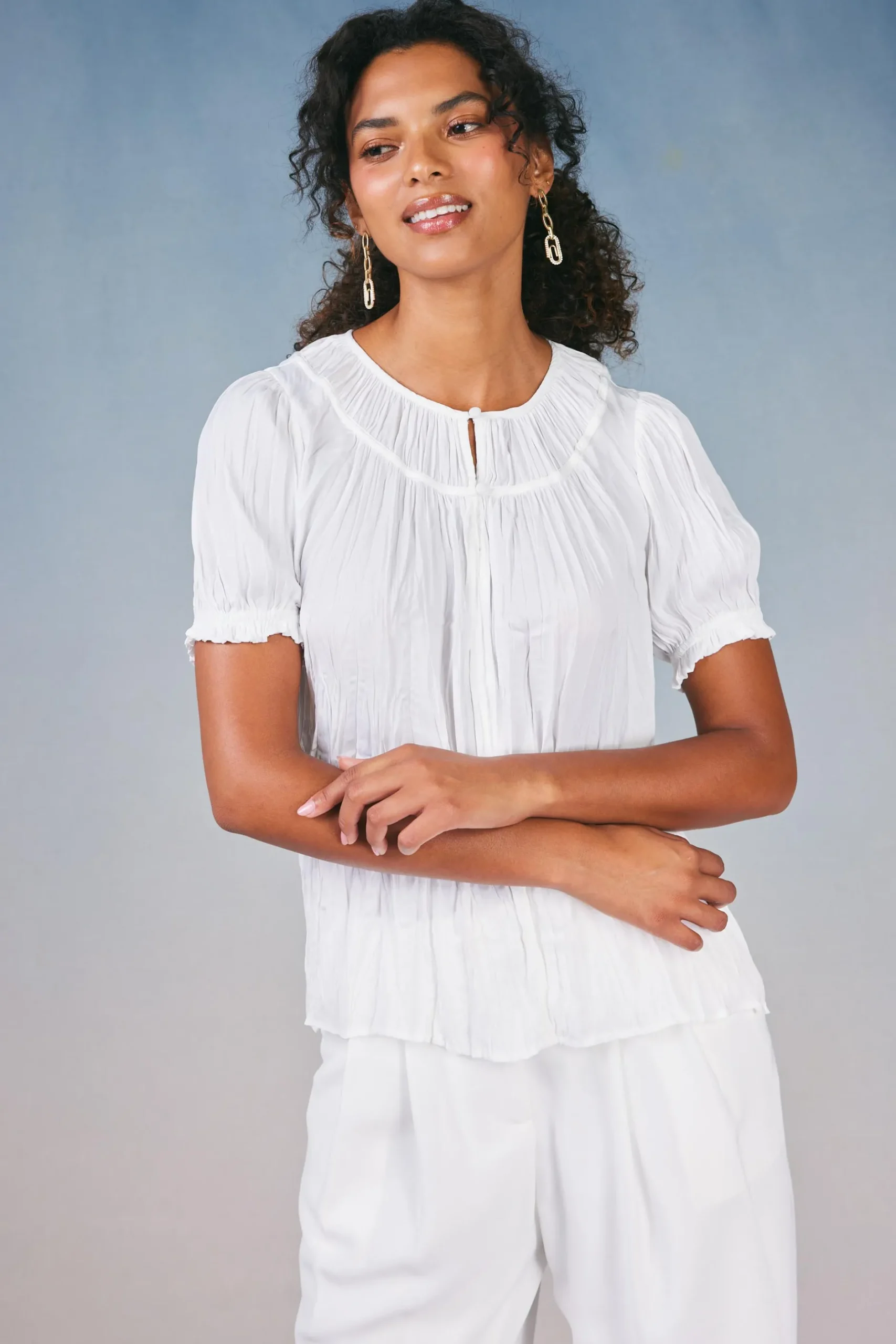 Short Sleeve Tops-Current Air Brooklyn Crinkle Top WHITE