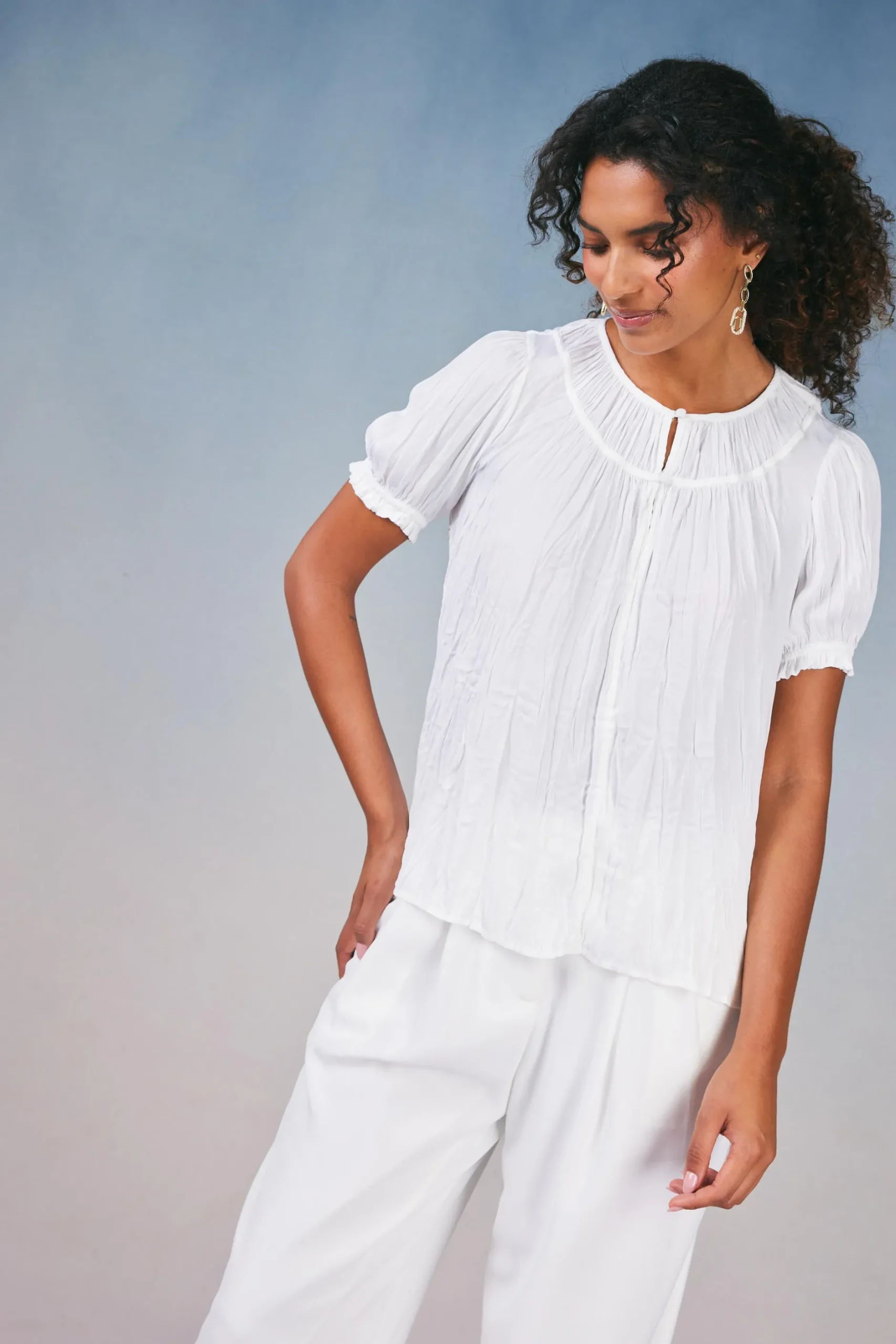 Short Sleeve Tops-Current Air Brooklyn Crinkle Top WHITE