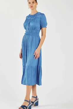 Midi Dresses-Current Air Brooklyn Pleated Midi Dress FADEDBLUE