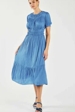 Midi Dresses-Current Air Brooklyn Pleated Midi Dress FADEDBLUE