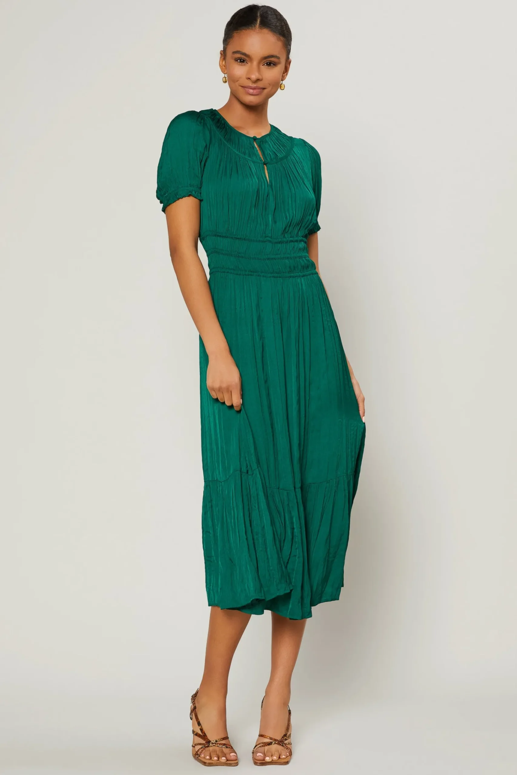 Midi Dresses-Current Air Brooklyn Pleated Midi Dress EMERALDGREEN
