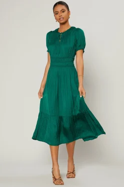 Midi Dresses-Current Air Brooklyn Pleated Midi Dress EMERALDGREEN