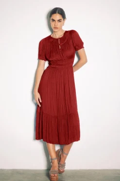 Midi Dresses-Current Air Brooklyn Pleated Midi Dress RED