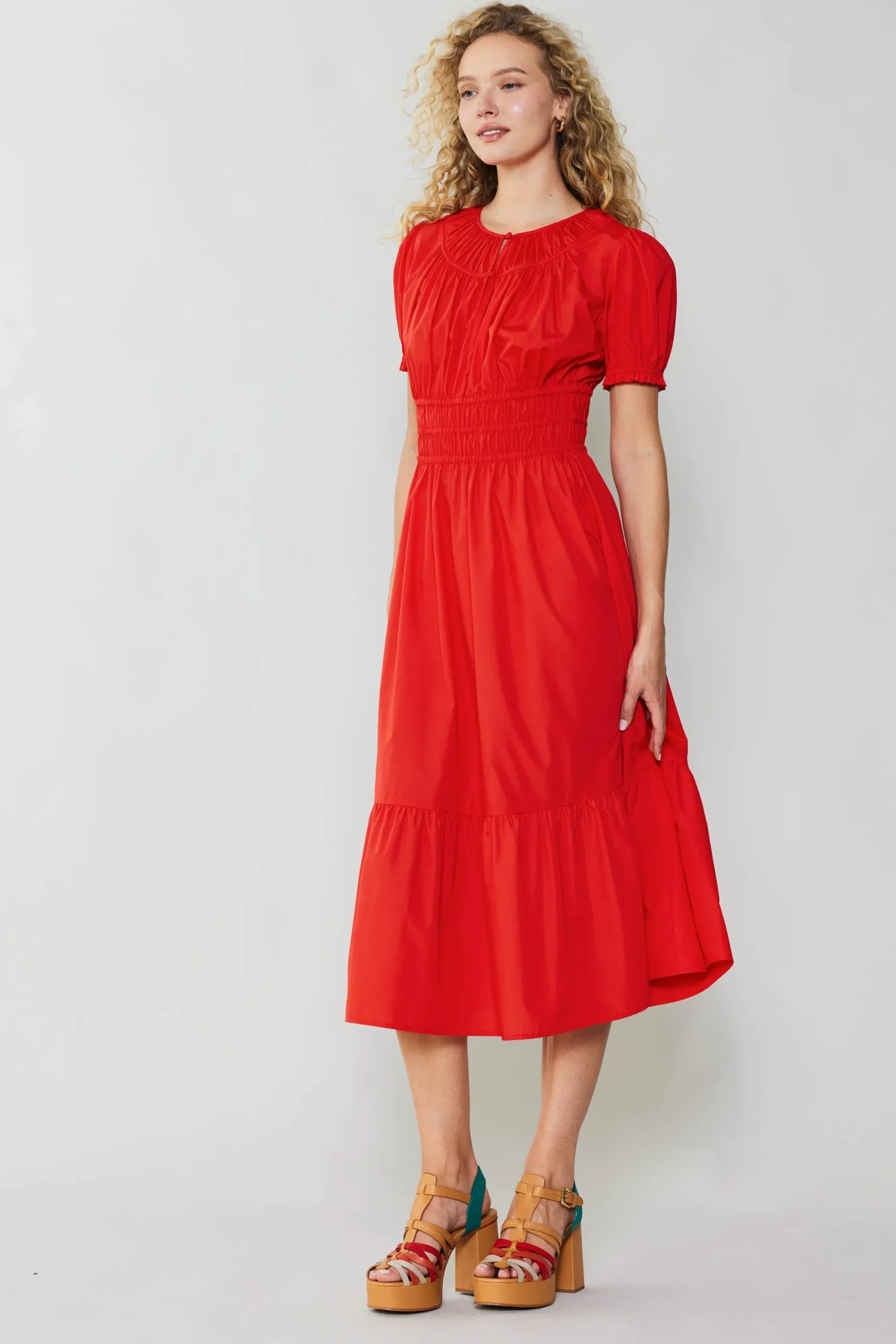 Midi Dresses-Current Air Brooklyn Poplin Midi Dress RED