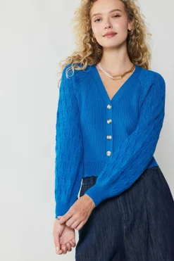 Cardigans|Long Sleeve Tops-Current Air Button Cardigan BLUE