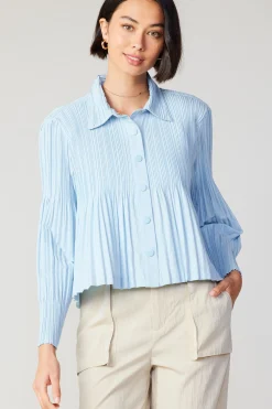 Long Sleeve Tops-Current Air Button Down Pleated Top PASTELBLUE