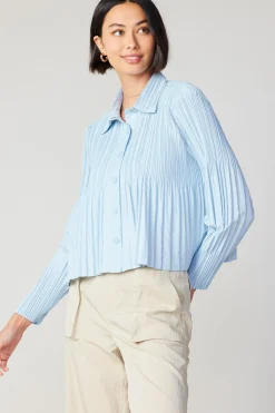 Long Sleeve Tops-Current Air Button Down Pleated Top PASTELBLUE