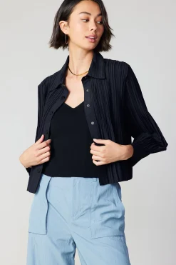 Long Sleeve Tops-Current Air Button Down Pleated Top BLACK