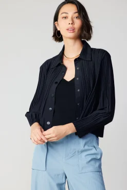 Long Sleeve Tops-Current Air Button Down Pleated Top BLACK