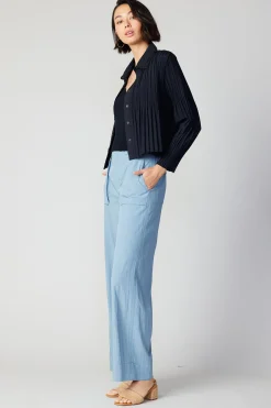 Long Sleeve Tops-Current Air Button Down Pleated Top BLACK