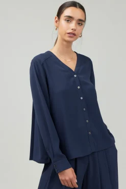 Long Sleeve Tops-Current Air Buttondown Blouse SLATENAVY