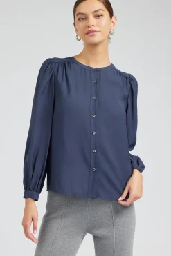 Long Sleeve Tops-Current Air Buttoned Blouse SLATENAVY