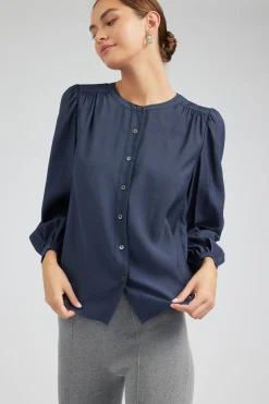 Long Sleeve Tops-Current Air Buttoned Blouse SLATENAVY