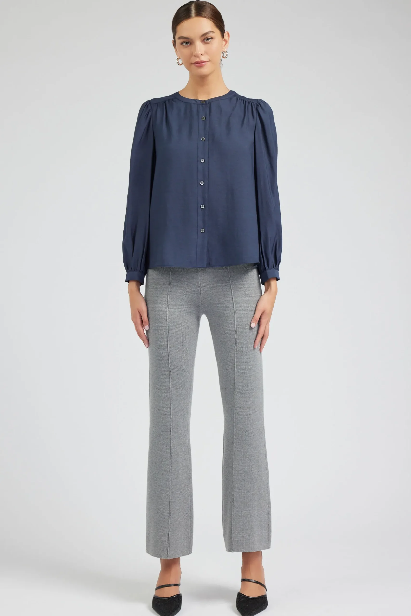 Long Sleeve Tops-Current Air Buttoned Blouse SLATENAVY
