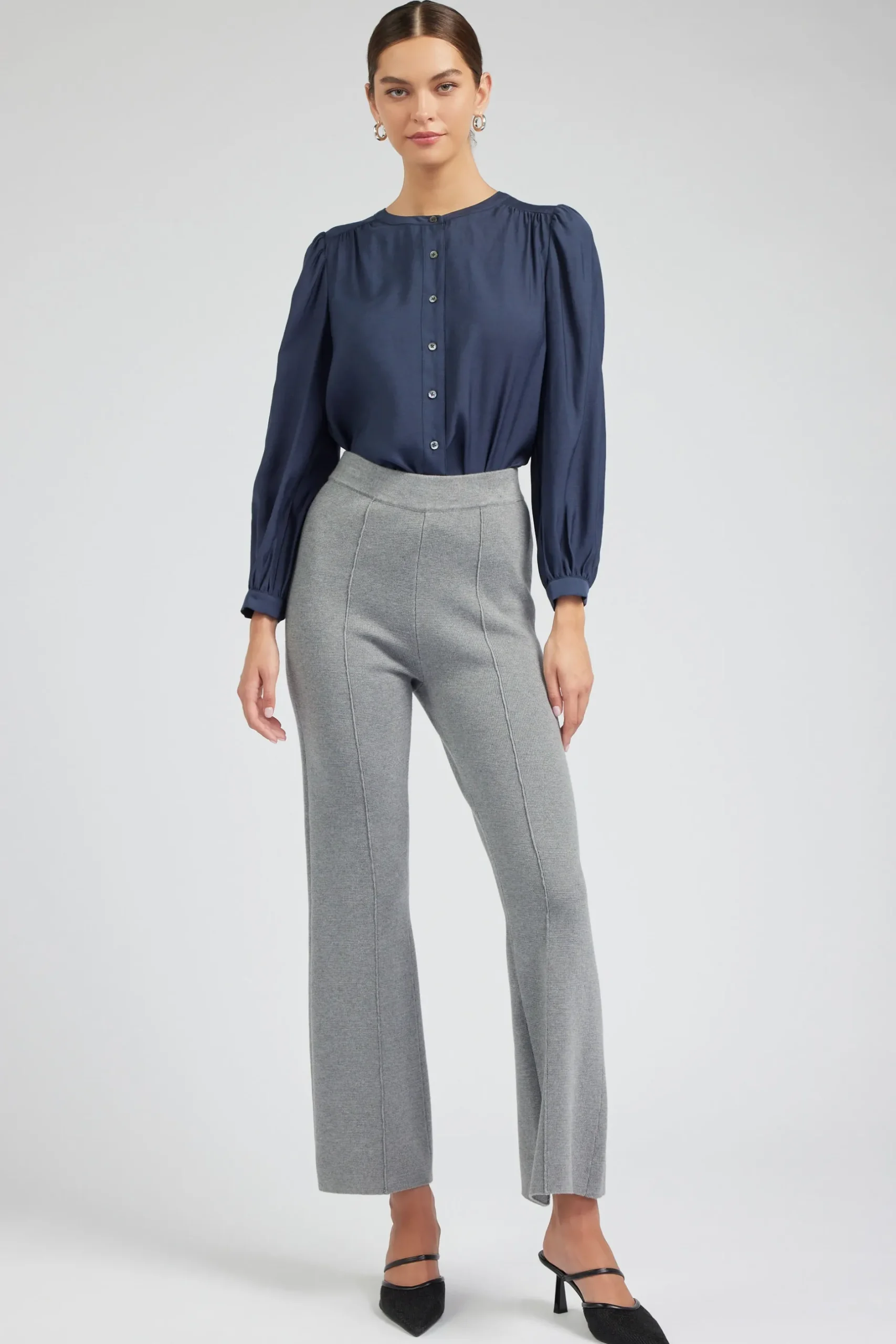 Long Sleeve Tops-Current Air Buttoned Blouse SLATENAVY