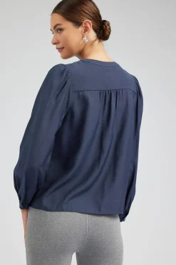 Long Sleeve Tops-Current Air Buttoned Blouse SLATENAVY