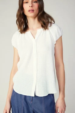 Sleeveless Tops-Current Air Buttoned Cotton Blouse WHITE