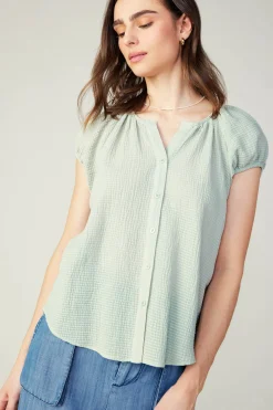 Sleeveless Tops|Short Sleeve Tops-Current Air Buttoned Cotton Blouse LIGHTSAGE