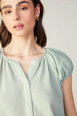 Sleeveless Tops|Short Sleeve Tops-Current Air Buttoned Cotton Blouse LIGHTSAGE